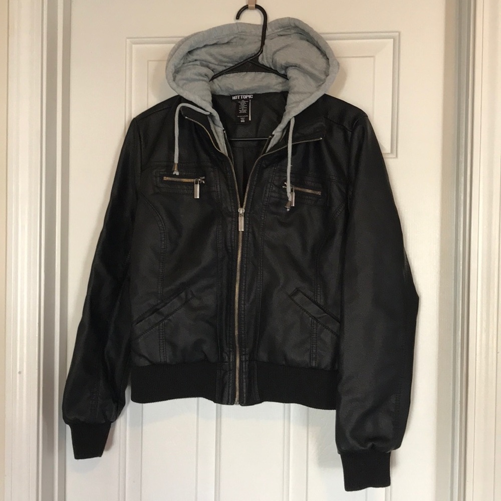 Black leather zip up jacket with faux grey hoodie